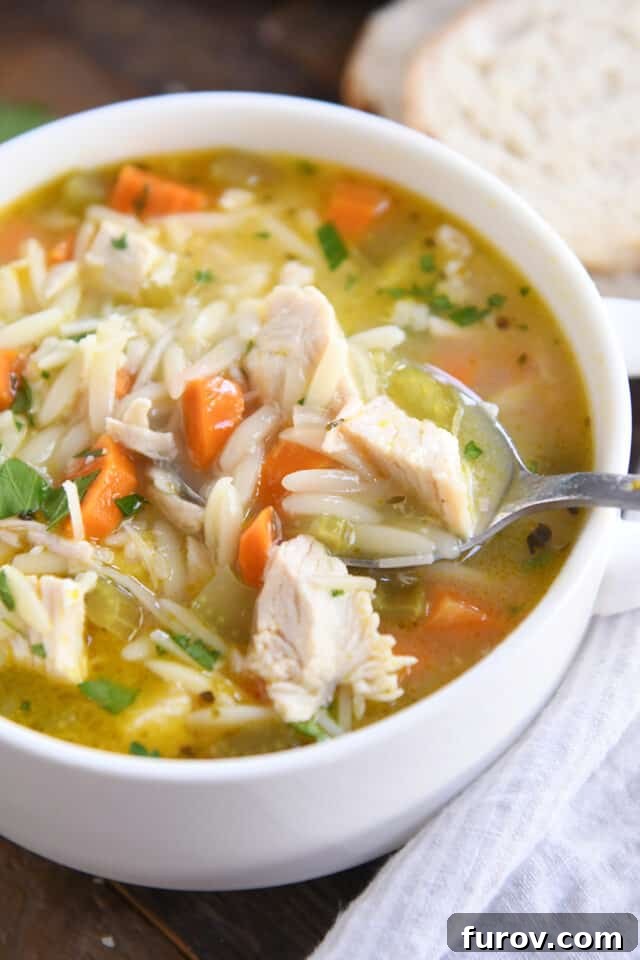Sunshine Lemon Chicken Orzo Soup 7 A spoon lifts a generous scoop of Lemon Chicken Orzo Soup from a pristine white bowl, showcasing the tender chicken, orzo, and vegetables.
