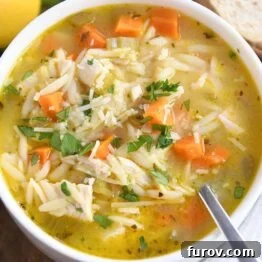 Sunshine Lemon Chicken Orzo Soup 8 white bowl with handles filled with lemon chicken orzo soup
