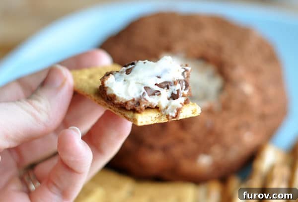 A delicious bite of chocolate chip cheeseball on a graham cracker, revealing the creamy interior and chocolate chips, with the remainder of the cheeseball in the background.