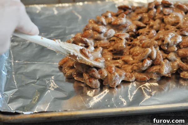Candy-coated almonds being carefully spread into an even layer on a tinfoil-lined cookie sheet using a spoon.
