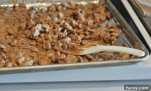 Candy-coated almonds being stirred on a cookie sheet with a wooden spoon after 15 minutes of baking, still appearing wet.