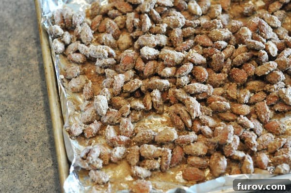 Cooling candy-coated almonds spread out on a lined cookie sheet, crisping up after baking.
