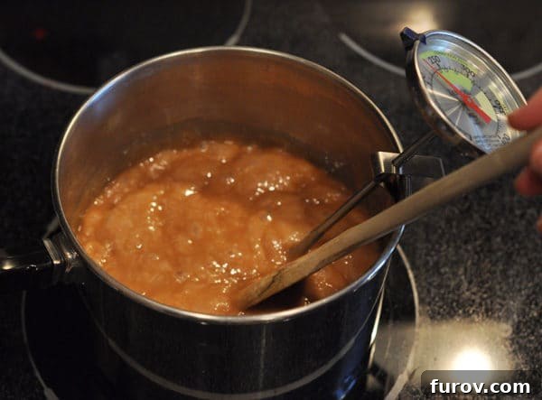 The caramel mixture has darkened to a rich golden brown and is vigorously bubbling in the saucepan, nearing its final temperature.