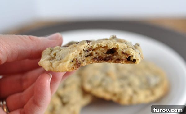 Close-up side view of a Rocky Mountain Cookie with a bite taken out, revealing the soft interior, melted chocolate, and crisp rice cereal.