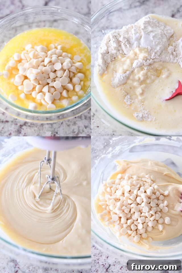 Luscious Raspberry White Chocolate Blondies 4 Stirring together batter for white chocolate blondie bars with butter, white chocolate chips, and flour.
