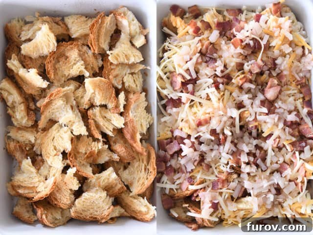 Overnight Croissant Bacon & Cheese Strata 4 Torn toasted croissants layered in a white 9X13-inch pan, topped with shredded cheese, crispy bacon, and translucent sautéed onions.