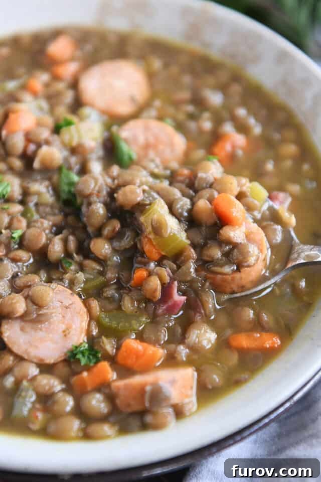 Stone bowl with ham bone lentil soup and veggies.