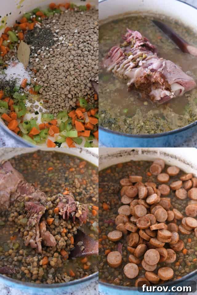 Cooking ham bone lentil soup with ham bone, vegetables, and adding sausage.