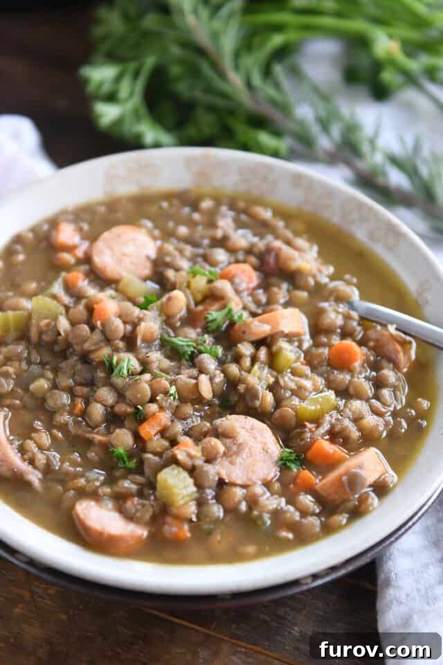 Stone bowl of leftover ham bone lentil soup with veggies.