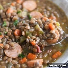 spoon lifting up small scoop of lentil soup in stone bowl