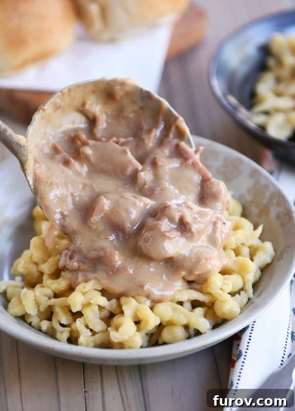 Pouring slow cooker beef stroganoff over spaetzle noodles.