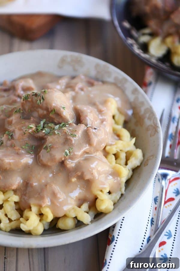 Bowl of slow cooker beef stroganoff over spaetzle.