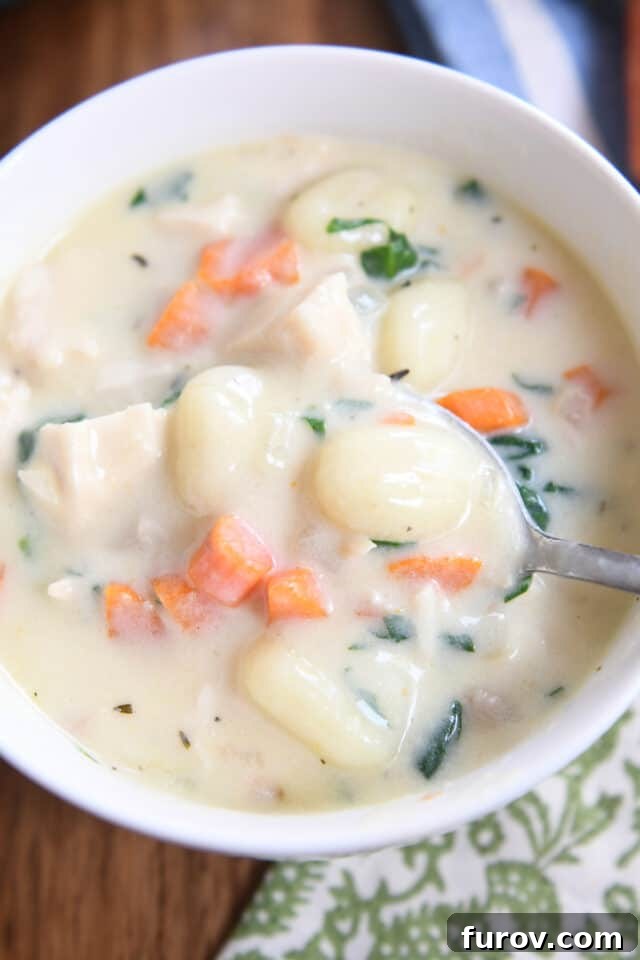 The Ultimate Creamy Chicken Gnocchi Soup 2 Top down view of creamy chicken gnocchi soup in a white bowl with a spoon, garnished with fresh parsley.