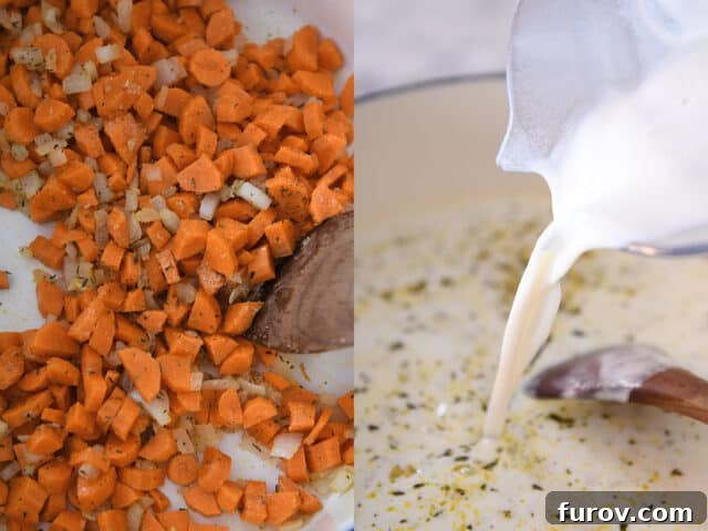 The Ultimate Creamy Chicken Gnocchi Soup 3 A large pot on the stove shows carrots and onions cooking, followed by milk and flour being added to thicken the creamy soup base.