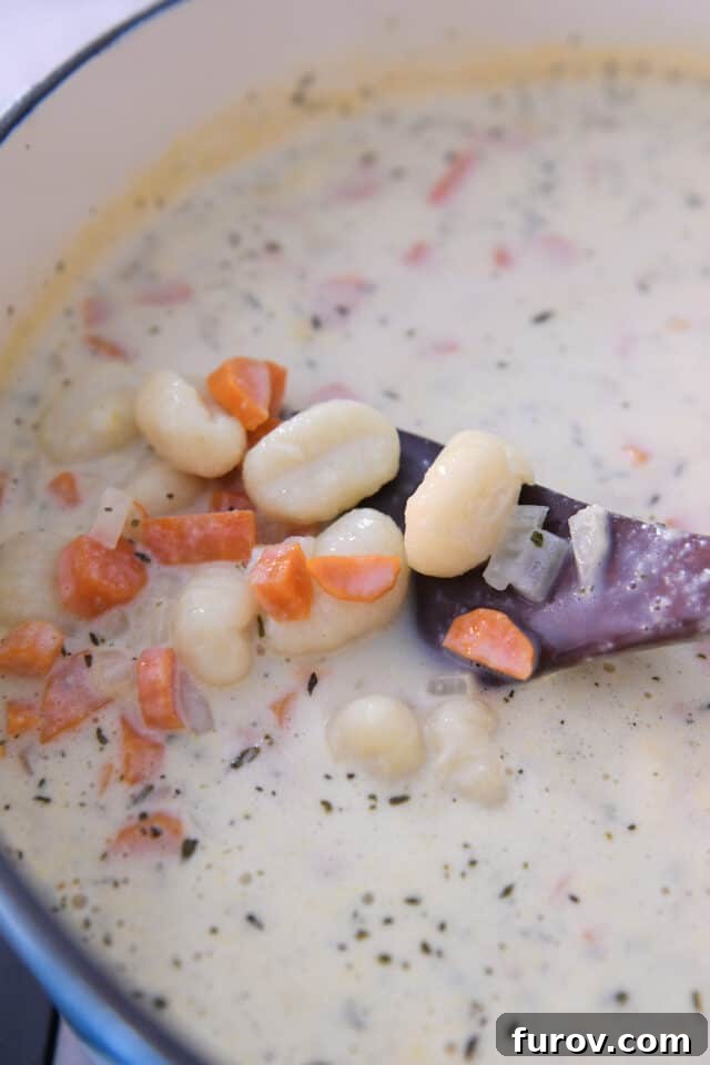 The Ultimate Creamy Chicken Gnocchi Soup 4 Small, potato gnocchi dumplings are being added to a simmering pot of creamy chicken gnocchi soup.