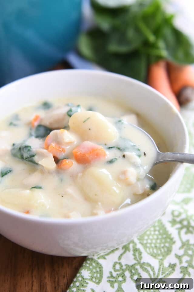 The Ultimate Creamy Chicken Gnocchi Soup 7 A spoon lifts a bite of creamy chicken gnocchi soup from a white bowl, showcasing the tender gnocchi and rich broth.
