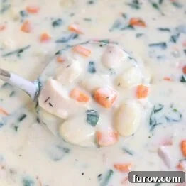 ladle scooping out portion of creamy chicken gnocchi soup in blue pot