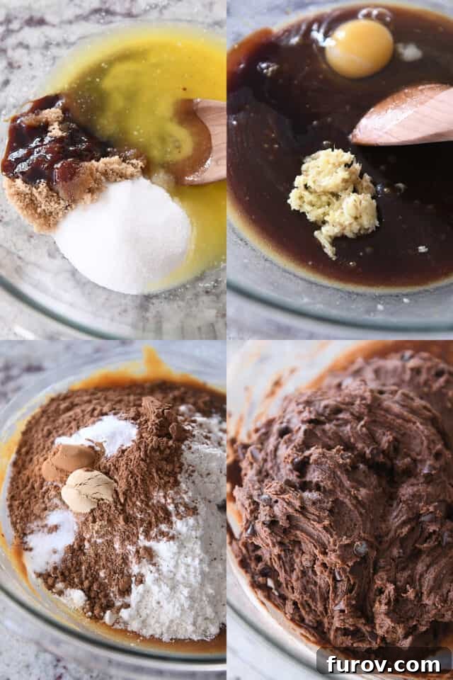 Step-by-step photos of cookie dough preparation: stirring butter, sugar, and molasses, then adding ginger, eggs, cocoa, and spices, finally mixing with chocolate chips.