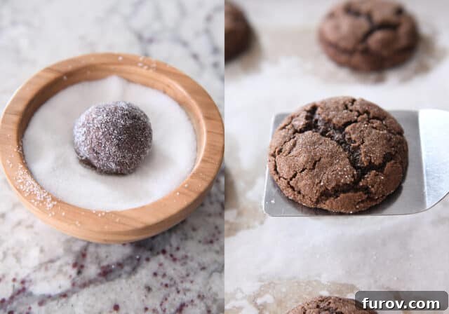 Rolling cookie dough ball in granulated sugar before placing on a parchment-lined baking sheet.