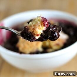 A bowl of Classic Blueberry Cobbler with a spoonful taken out.