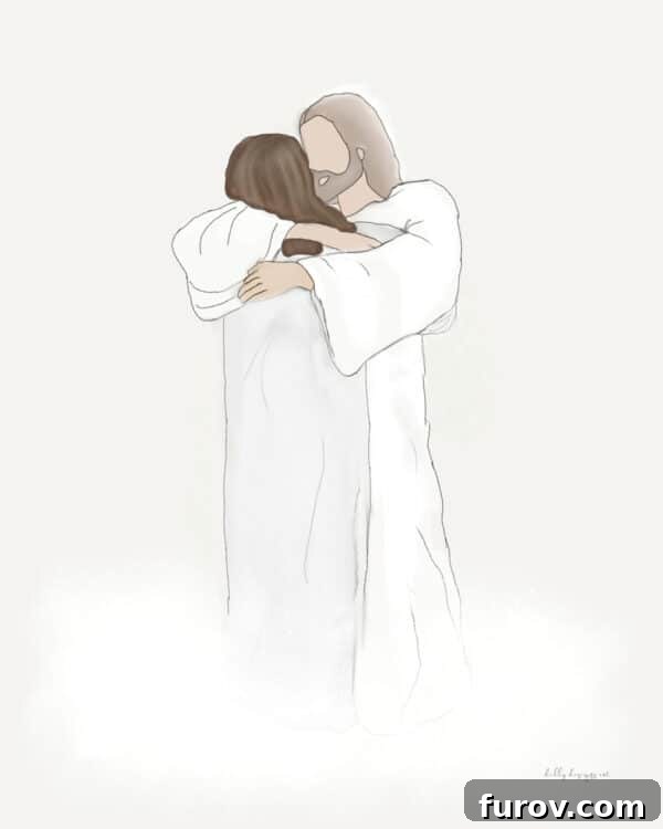 A serene watercolor painting depicting Jesus tenderly embracing a woman, symbolizing comfort and divine love.