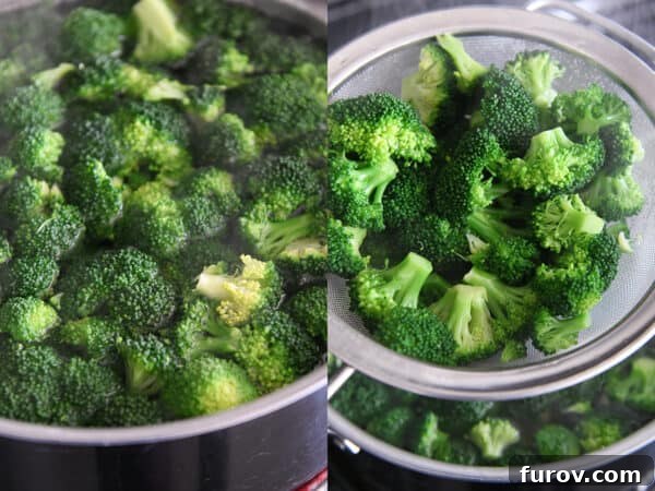 Hearty Chicken and Broccoli Penne Bake with Smoked Mozzarella 3 Fresh broccoli florets being blanched in a large pot of boiling pasta water, preparing for a delicious baked penne dish.