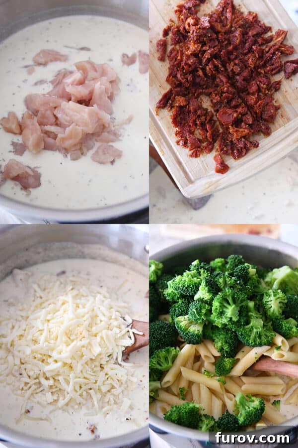 Hearty Chicken and Broccoli Penne Bake with Smoked Mozzarella 4 A step-by-step collage showing the preparation of baked penne: adding chicken to creamy sauce, stirring in sun-dried tomatoes, incorporating shredded cheese, and finally, mixing in cooked broccoli and penne pasta.
