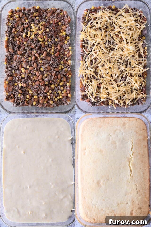 Glass pan with beef, bean, and corn mixture; glass pan with cheese on top of beef mixture; glass pan with cornbread batter on top of casserole; glass pan with baked cornbread casserole.