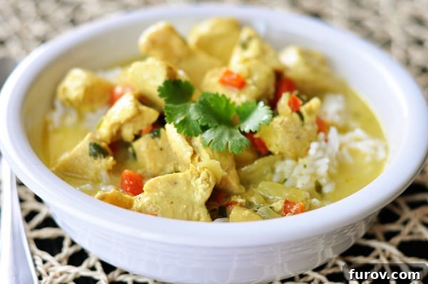 A white bowl of chicken curry soup over white rice, garnished with fresh cilantro.