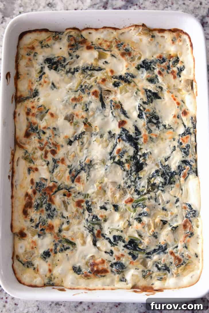 Ultimate Creamy Spinach Artichoke Dip 6 Top down view of a white casserole dish full of golden brown, cooked, creamy spinach artichoke dip, bubbling and ready to serve.