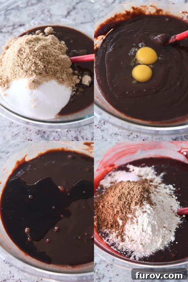 Making brownie batter with sugar, eggs, red food coloring, cocoa powder and flour.