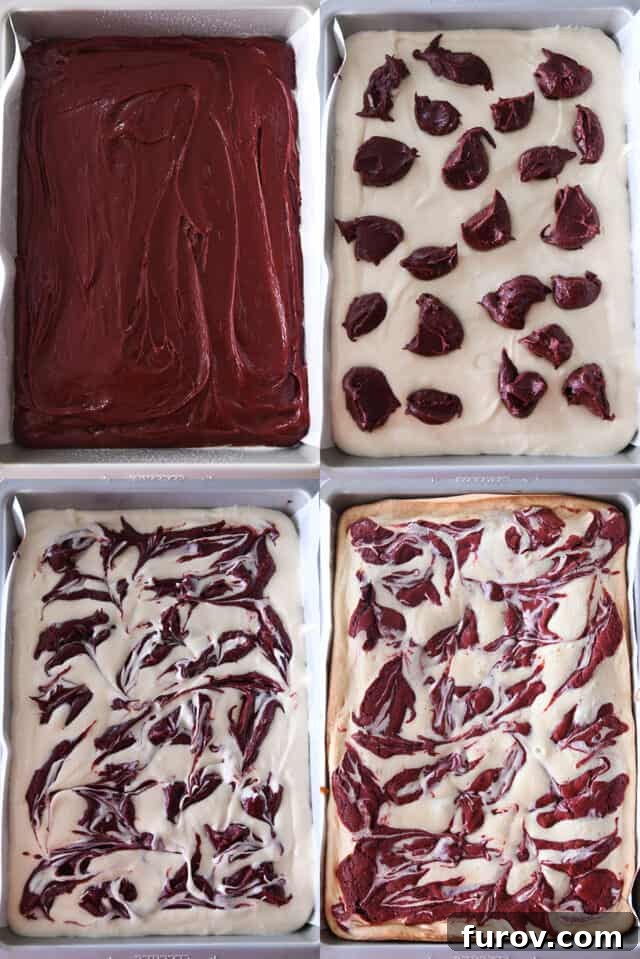 Layering red velvet brownie batter, cheesecake batter, dollops of brownie batter, swirling together and baking.