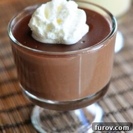 A small glass bowl of homemade chocolate pudding ready to be served.