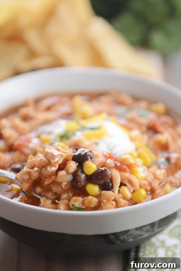 Hearty Southwestern Chicken Barley Chili 3 A spoon taking a big bite of southwestern chili out of a white bowl, showcasing the rich texture.