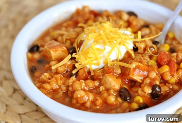 Hearty Southwestern Chicken Barley Chili 6 A delightful bowl of rich red southwest chicken and barley chili, generously topped with creamy sour cream and shredded cheese, ready to be savored.