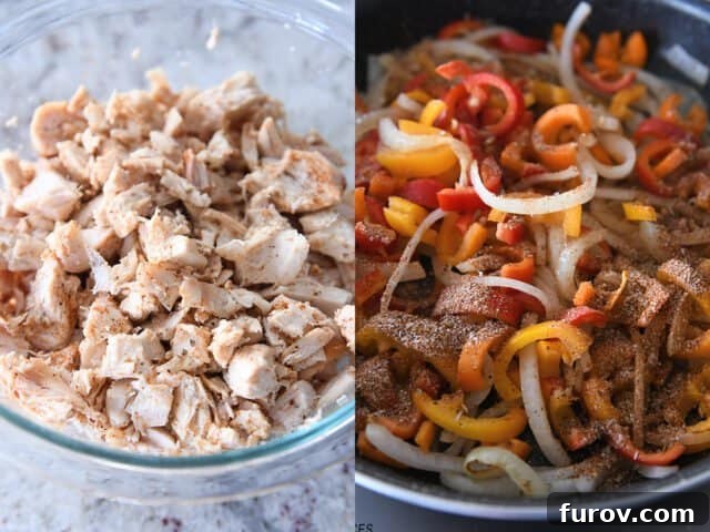 Crispy Chicken Quesadillas: A Culinary Delight 4 A bowl of seasoned, chopped chicken sits next to a skillet brimming with colorful, cooked vegetables including bell peppers and onions, all perfectly infused with spices.