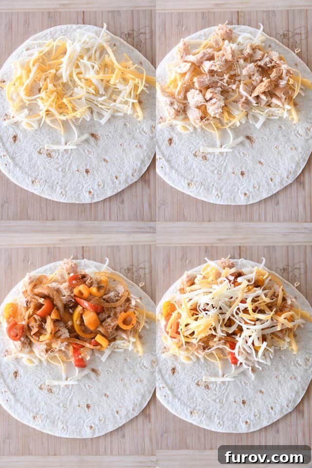 Crispy Chicken Quesadillas: A Culinary Delight 5 Step-by-step assembly of a chicken quesadilla, showing cheese, seasoned chicken, colorful vegetables, and more cheese layered on half of a flour tortilla before folding.