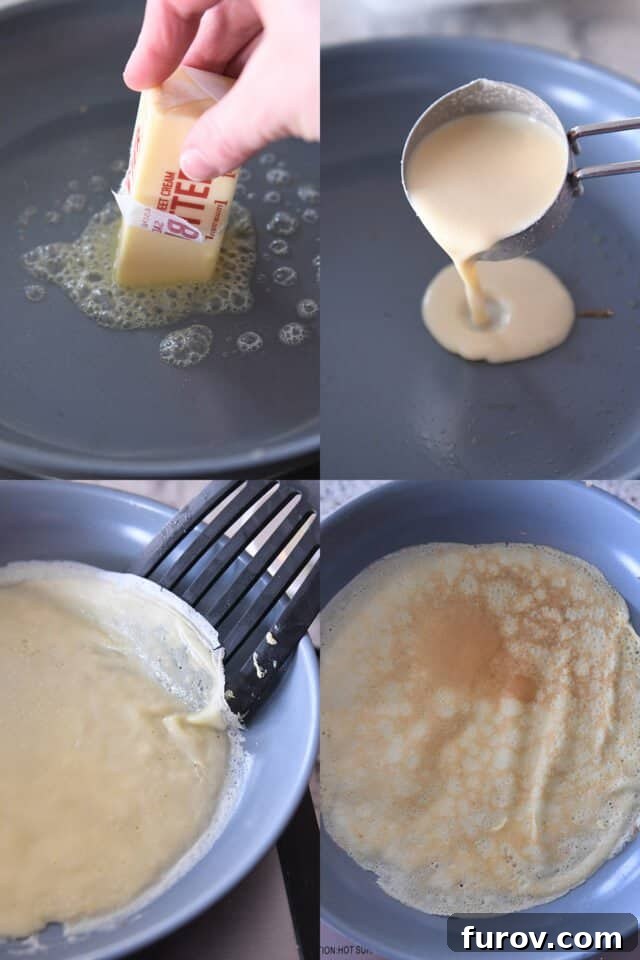 Sequence showing buttering a nonstick skillet, pouring Swedish pancake batter, and flipping a pancake to cook on the second side.