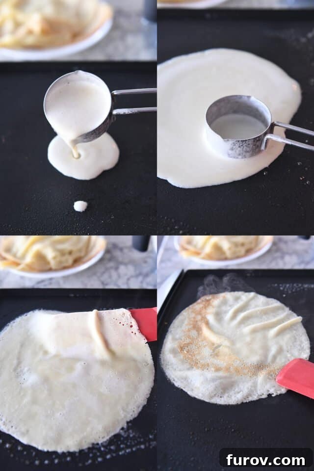 Sequence showing pouring Swedish pancake batter onto an electric griddle, pancakes cooking to golden perfection, and being expertly flipped.