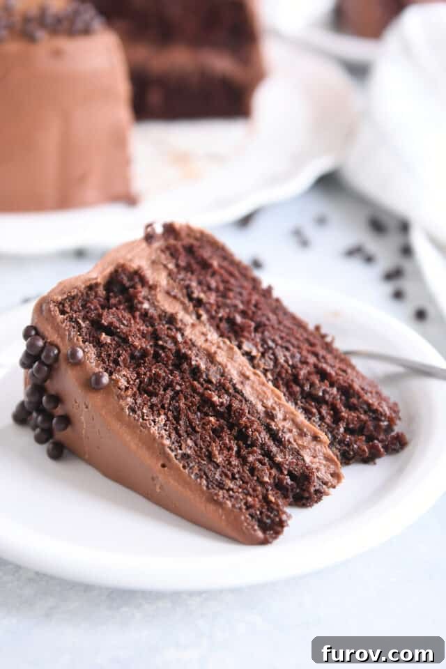 A slice of the best chocolate cake, generously frosted with rich chocolate ganache and adorned with chocolate pearls, rests on a pristine white plate, promising an exquisite dessert experience.