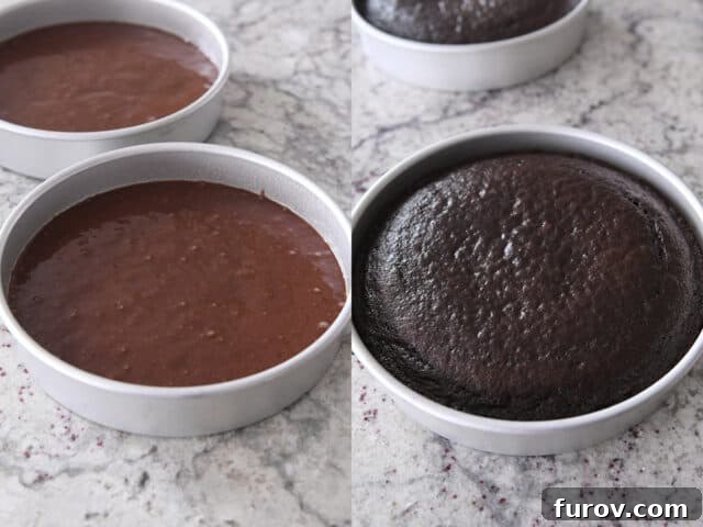 Two round cake pans filled with chocolate batter and two baked chocolate cakes in similar pans, illustrating the transformation from raw batter to finished layers.