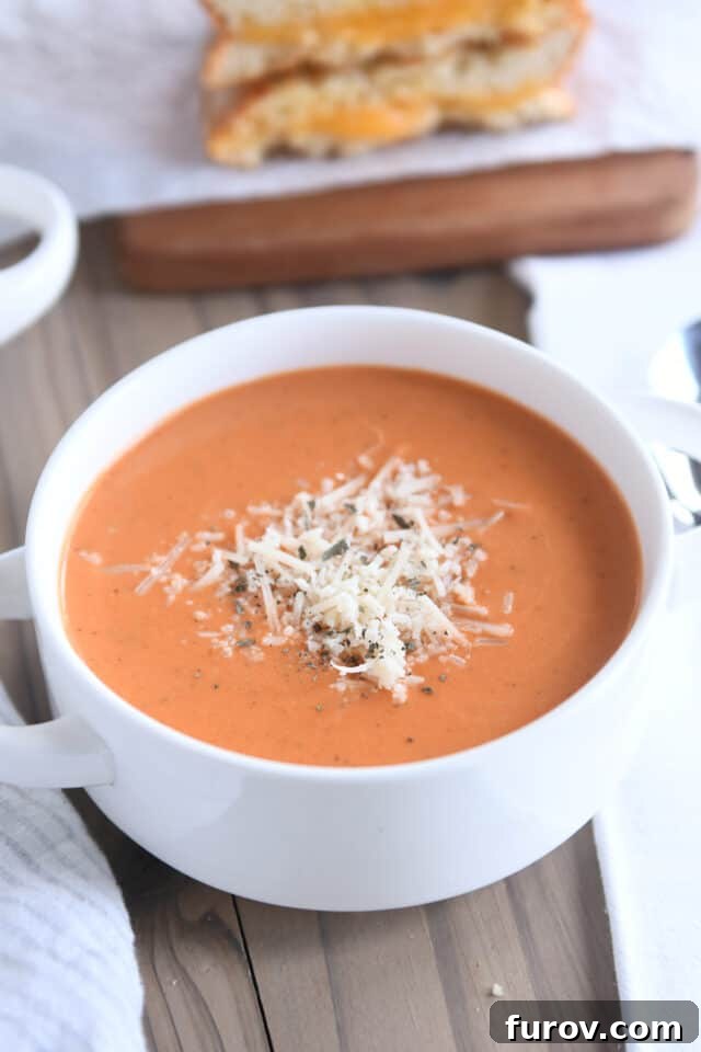 A white bowl with handles, brimming with creamy tomato basil soup, garnished with grated Parmesan cheese.