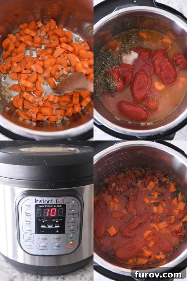 A visual step-by-step guide showing carrots and onions sautéing in an Instant Pot, followed by the addition of tomatoes, basil, and broth. The final image shows the pressure cooker set to 10 minutes, indicating the cooking phase for a quick and flavorful Instant Pot creamy tomato basil soup.