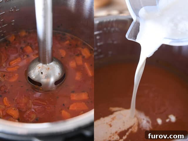 Images showing the blending process: first, an immersion blender is used directly in the Instant Pot to puree the soup; second, cream is poured into the perfectly blended soup, signaling the final step towards a rich and creamy Instant Pot tomato basil soup.
