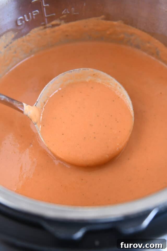 A ladle lifting a generous scoop of the vibrant, creamy Instant Pot tomato basil soup, showcasing its rich texture and inviting color, ready for serving.