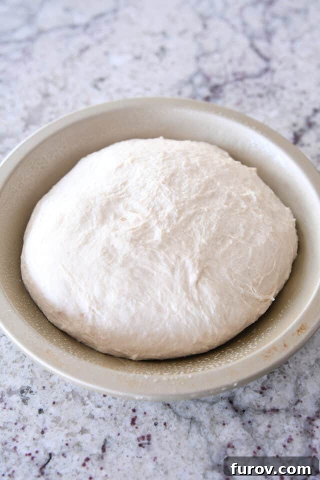 Sourdough peasant bread unbaked in metal pie tin.