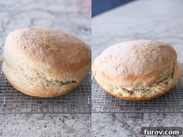 Two loaves of baked bread on wire rack.