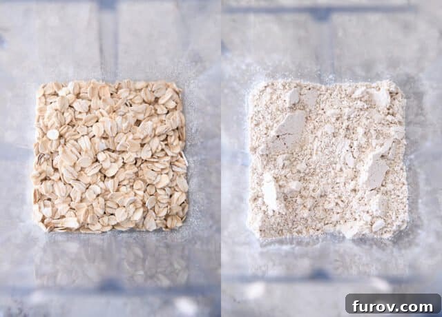 Oats in blender; blended oats in blender.