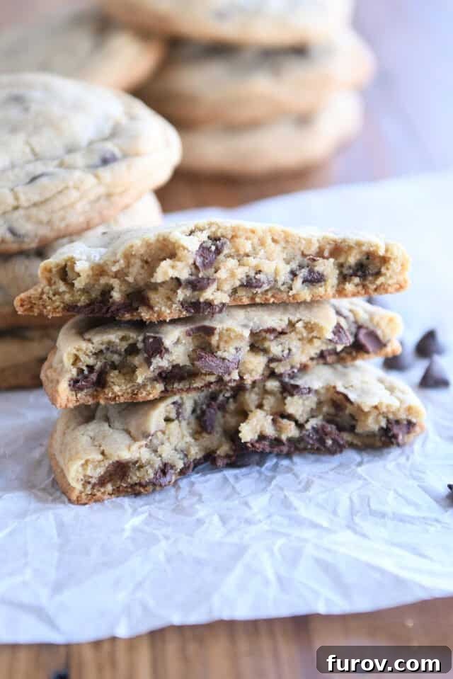 Three half cookies stacked on white parchment paper.