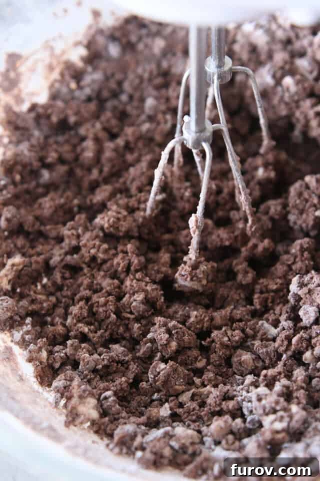 Mixing dry ingredients into chocolate frosting with handheld electric mixer.